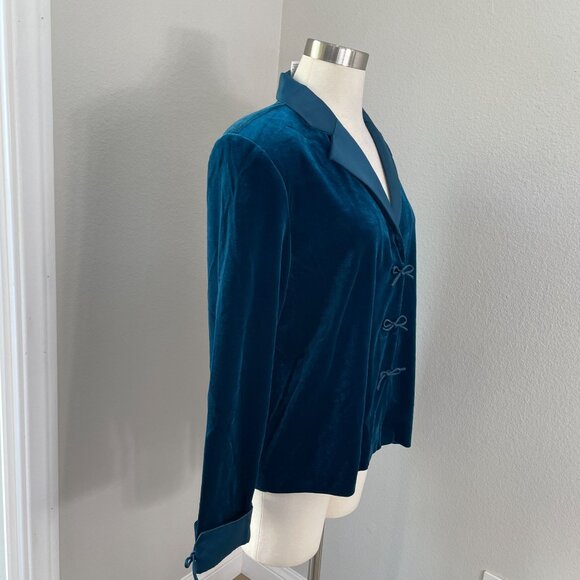 NEW Coldwater Creek Womens 14 Satin Bow Velvet Jacket Teal Blue Shoulder Pads - Picture 3 of 10